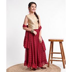 Pine Kids Sleeveless Choli & Sequin Embellished Lehenga Set - Red