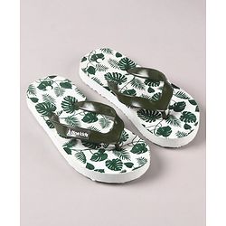 Pine Kids Flip Flops Leaves Print- Olive White