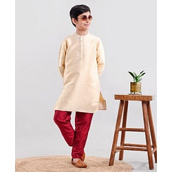 Pine Kids Full Sleeves Brocade Kurta & Pajama Set - Beige