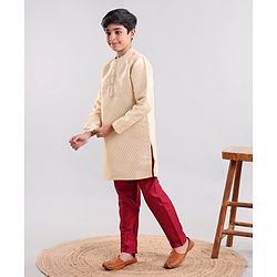 Pine Kids Full Sleeves Brocade Kurta & Pajama Set - Beige