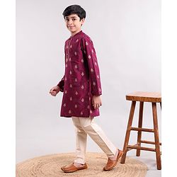 Pine Kids Full Sleeves Ethnic Design Embroidered Kurta Pajama Set - Magenta