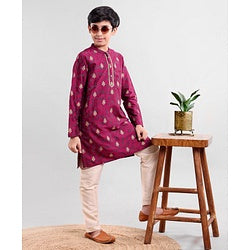 Pine Kids Full Sleeves Ethnic Design Embroidered Kurta Pajama Set - Magenta