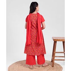 Pine Kids Half Sleeves Kurti And Churidar Set With Jacket- Red