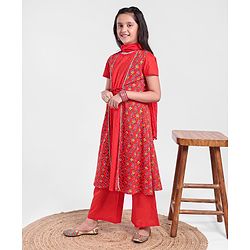 Pine Kids Half Sleeves Kurti And Churidar Set With Jacket- Red