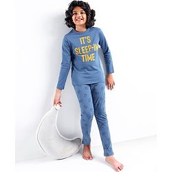 Pine Kids Full Sleeves 100% Cotton Bio-Wash HD Text Print Night Suit - Blue