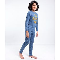 Pine Kids Full Sleeves 100% Cotton Bio-Wash HD Text Print Night Suit - Blue