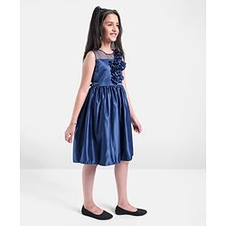 Pine Kids Party Wear Sleeveless Frock Floral Appliques - Navy Blue