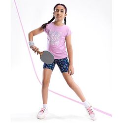 Pine Active Stretchable Half Sleeves T-shirt and Cycling Shorts Set Printed - Blue Pink