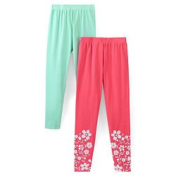 Pine Kids Full Length Stretchable & Biowashed Cotton Leggings Solid & Floral Print Pack Of 2 - Blue Pink