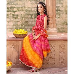 Pine Kids Sleeveless Sequined Choli & Ethnic Print Lehenga with Dupatta Set - Red