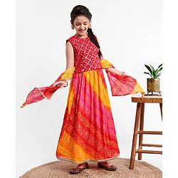 Pine Kids Sleeveless Sequined Choli & Ethnic Print Lehenga with Dupatta Set - Red