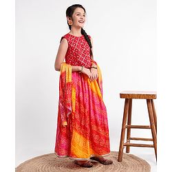 Pine Kids Sleeveless Sequined Choli & Ethnic Print Lehenga with Dupatta Set - Red