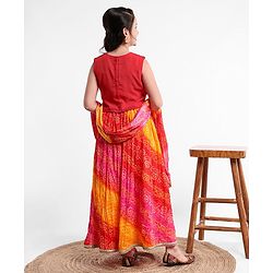 Pine Kids Sleeveless Sequined Choli & Ethnic Print Lehenga with Dupatta Set - Red