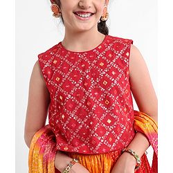 Pine Kids Sleeveless Sequined Choli & Ethnic Print Lehenga with Dupatta Set - Red
