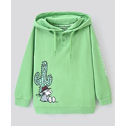 Pine Kids Full Cotton Knit Full Sleeves Snoopy Collection Hooded Bio-washed Sweatshirt - Opaline Green