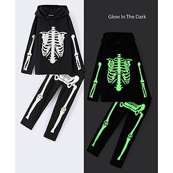 Pine Kids Full Sleeves 100% Cotton Halloween Skeleton Outfit Design Hooded Night Suit - Jet Black