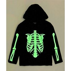 Pine Kids Full Sleeves 100% Cotton Halloween Skeleton Outfit Design Hooded Night Suit - Jet Black