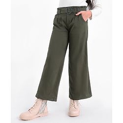 Pine Kids Full Length Solid Trousers with Frill Waistband and Belt - Olive Green