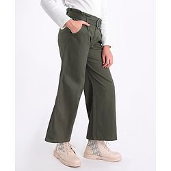 Pine Kids Full Length Solid Trousers with Frill Waistband and Belt - Olive Green