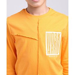 Pine Kids Knit Full Sleeves T Shirt & Lounge Pant Text Print - Orange Grey Melange