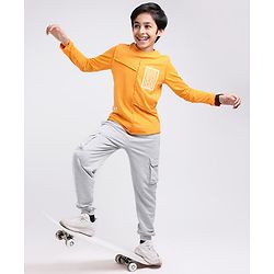 Pine Kids Knit Full Sleeves T Shirt & Lounge Pant Text Print - Orange Grey Melange