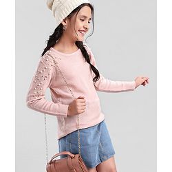 Pine Kids Full Sleeves Moderate Winter Sweater With Pearl Emblishment & Super Soft - Pink