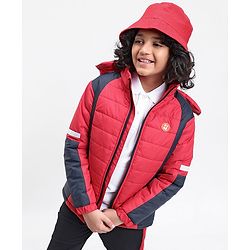 Pine Kids Full Sleeves Moderate Winter Padded Hooded Jacket Colour Block - Red