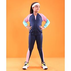 Pine Active High Stretch Breathable Sports Bra Jacket and Leggings 3 Pieces Set - Pink Blue