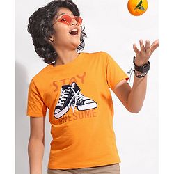 Pine Kids 100% Cotton Half Sleeves Bio Washed T-Shirt Shoes Print - Orange