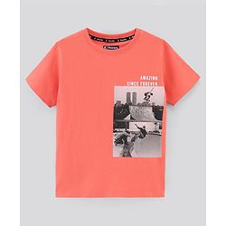 Pine Kids Cotton Half Sleeves Bio Washed T-shirt With Skating Print- Orange