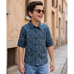 Pine Kids Cotton Full Sleeves Printed Shirt With Soft Hand Feel- Blue