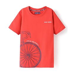 Pine Kids 100% Cotton Half Sleeves Bio Washed T-Shirt Bicycle Print - Red