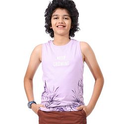 Pine Kids Cotton Sleeveless Biowashed T-Shirt Leaf Print- Purple