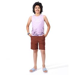 Pine Kids Cotton Sleeveless Biowashed T-Shirt Leaf Print- Purple