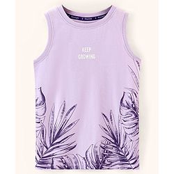 Pine Kids Cotton Sleeveless Biowashed T-Shirt Leaf Print- Purple