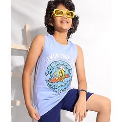 Pine Kids Cotton Sleeveless Biowashed T-Shirt Surf Print- Blue