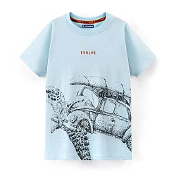 Pine Kids Cotton Half Sleeves Biowashed T-Shirt Turtle Print- Blue