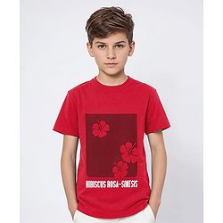 Pine Kids Cotton Half Sleeves T-Shirt Hibiscus Flower Print - Red