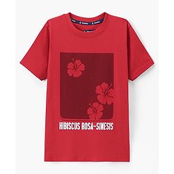 Pine Kids Cotton Half Sleeves T-Shirt Hibiscus Flower Print - Red