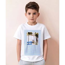 Pine Kids 100% Cotton Half Sleeves Bio Washed T-Shirt Beach Print - White