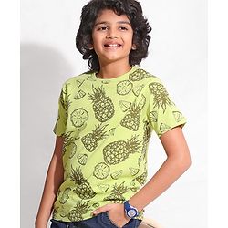 Pine Kids 100% Cotton Half Sleeves Biowashed T-Shirt Pineapple Print - Green