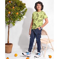 Pine Kids 100% Cotton Half Sleeves Biowashed T-Shirt Pineapple Print - Green
