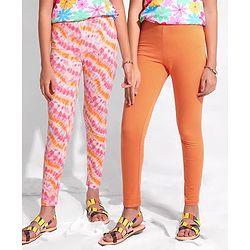 Pine Kids Ankle Length Solid & Tie Dye Print Leggings Pack Of 2 - White & Orange