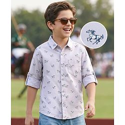 Pine Kids Full Sleeves Horse Print Shirt With Soft Hand Feel Cotton- Blue