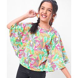 Pine Kids 100% Cotton Half Sleeves Kaftan Style Top Leaves Print - Multicolour