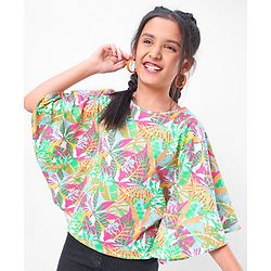 Pine Kids 100% Cotton Half Sleeves Kaftan Style Top Leaves Print - Multicolour