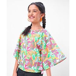Pine Kids 100% Cotton Half Sleeves Kaftan Style Top Leaves Print - Multicolour