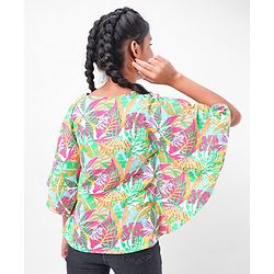 Pine Kids 100% Cotton Half Sleeves Kaftan Style Top Leaves Print - Multicolour