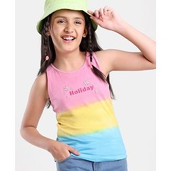 Pine Kids 100% Cotton Knit Sleeveless Bio-Washed T-Shirt Tie-Die & Text Print - Pink Yellow & Blue
