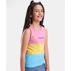 Pine Kids 100% Cotton Knit Sleeveless Bio-Washed T-Shirt Tie-Die & Text Print - Pink Yellow & Blue